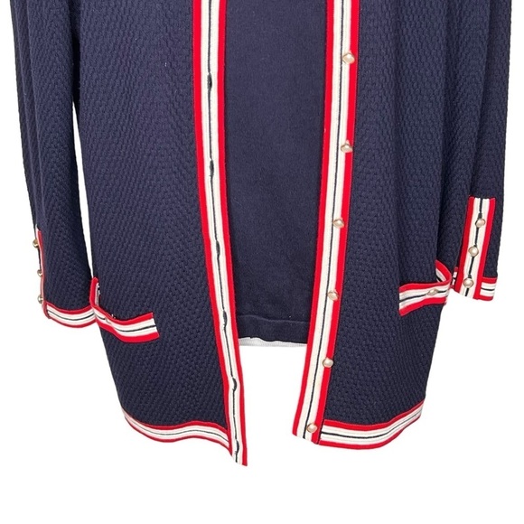 Talbots Navy Blue Red White Nautical Knit Pearl Button Cardigan Pockets Size L - Picture 6 of 12